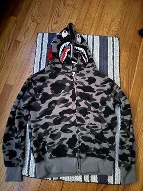 Bape Kids Shark Hoodie - Gray & Black Camo with Red Eyes